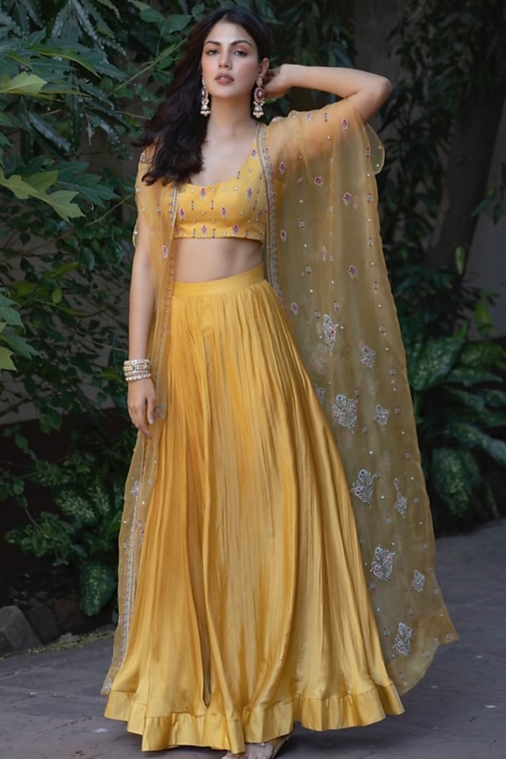 Canary Yellow Embroidered Jacket Set by Sanjev Marwaaha