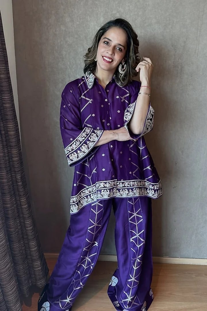 Purple Chanderi Dori Embroidered Co-Ord Set by SHRADDHA RAMBHIA at Pernia's Pop Up Shop