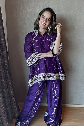 Purple Chanderi Dori Embroidered Co-Ord Set by SHRADDHA RAMBHIA