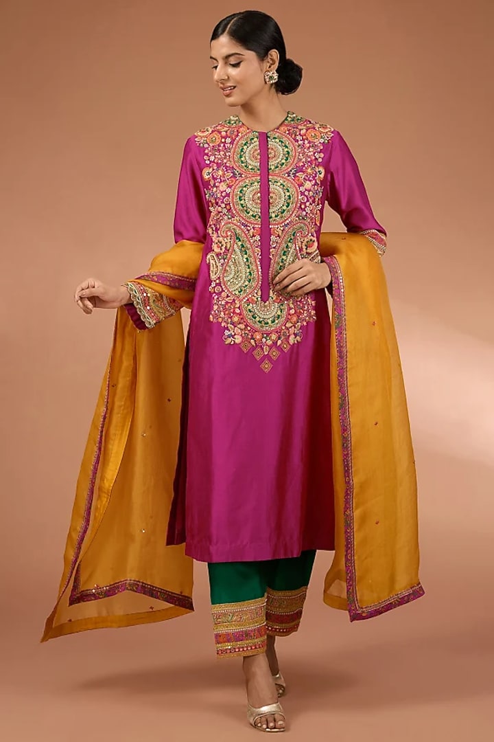 Pink Chanderi Geometric Patchwork Kurta Set by Petticoat Lane at Pernia's Pop Up Shop