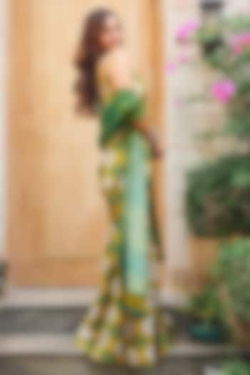 Green & Yellow Dupion Silk Ikat Digital Printed Kalidar Pant Set by Drishti & Zahabia at Pernia's Pop Up Shop