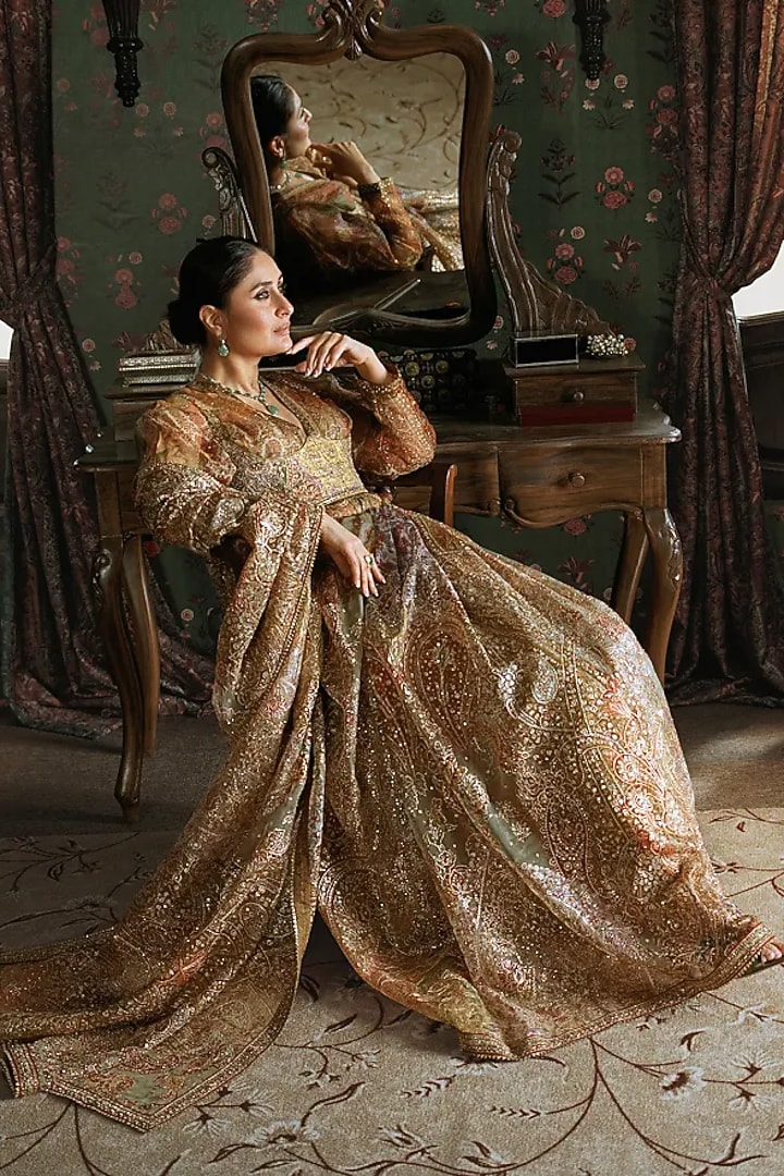 Peach Silk Patch Work Bridal Saree Set by Ri Ritu Kumar at Pernia's Pop Up Shop