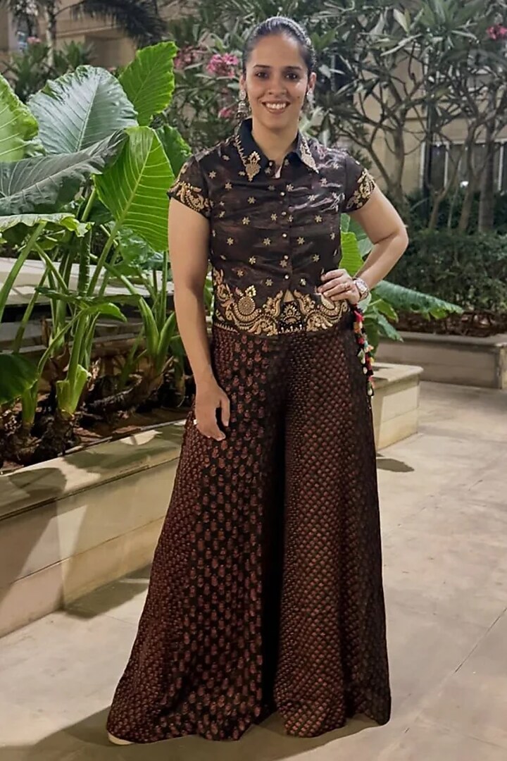 Black Vegan Gajji Silk Printed Palazzo Set by SHRADDHA RAMBHIA at Pernia's Pop Up Shop
