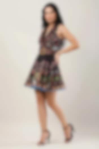 Black Scallop Textured Satin Printed Mini Vacation Dress by Limerick By Abirr N' Nanki at Pernia's Pop Up Shop