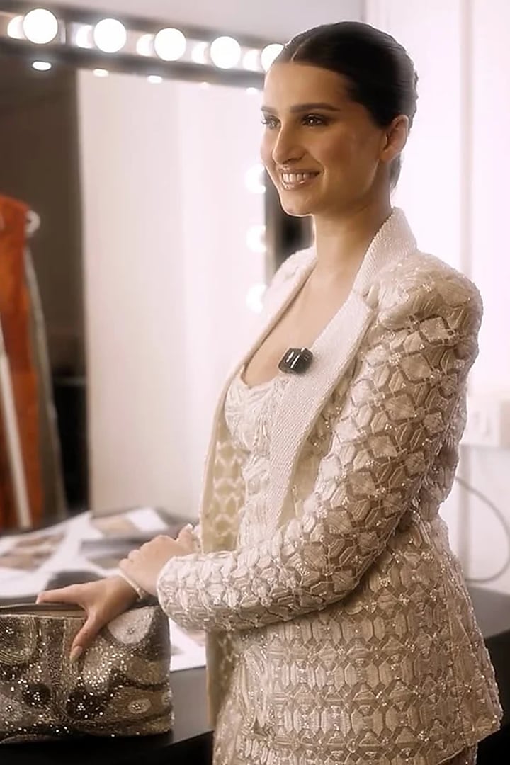 Ivory Crepe Crystal Embroidered Slit Skirt Set by Ritika Mirchandani at Pernia's Pop Up Shop