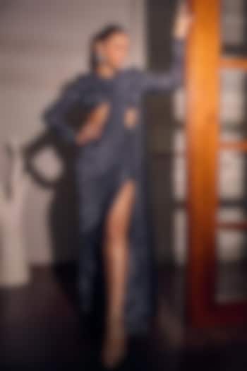 Navy Blue Crepe Crystal Embroidered Slit Bridal Lehenga Saree Set by Ritika Mirchandani at Pernia's Pop Up Shop