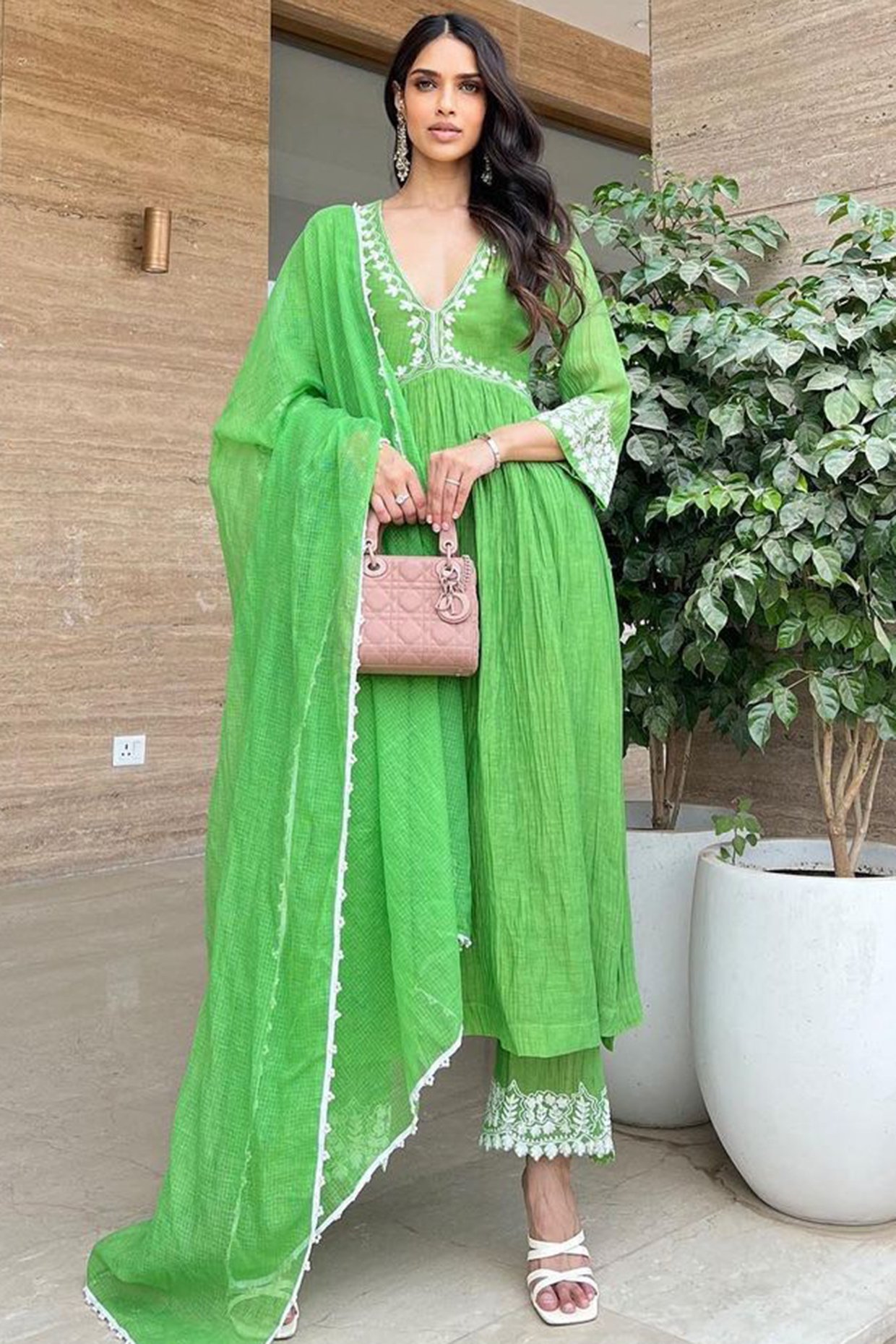 Green Chanderi Silk & Mulmul Embroidered Kurta Set by Neha Khullar at Pernia's Pop Up Shop
