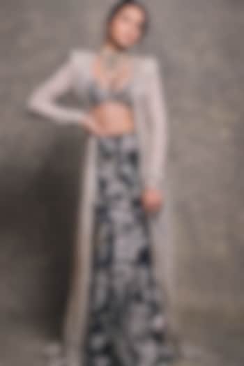 Ivory & Gold Crepe Crystal Embroidered Jacket Set by Ritika Mirchandani at Pernia's Pop Up Shop