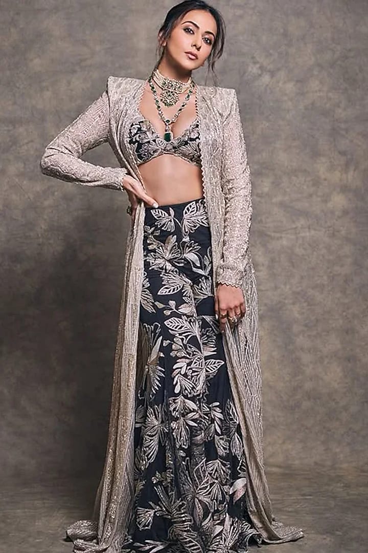 Ivory & Gold Crepe Crystal Embroidered Jacket Set by Ritika Mirchandani at Pernia's Pop Up Shop