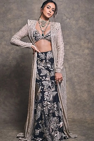 Ivory & Gold Crepe Crystal Embroidered Jacket Set by Ritika Mirchandani
