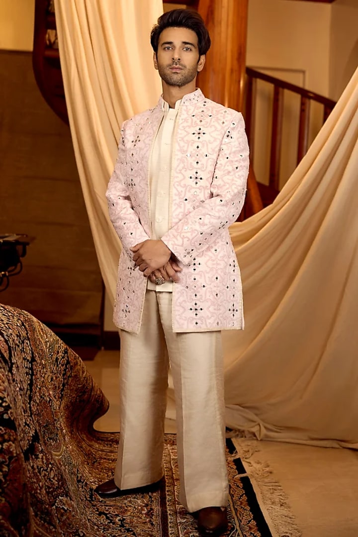 Soft Pink Tussar Silk Mirror Work Long Jacket Set by NAFS at Pernia's Pop Up Shop