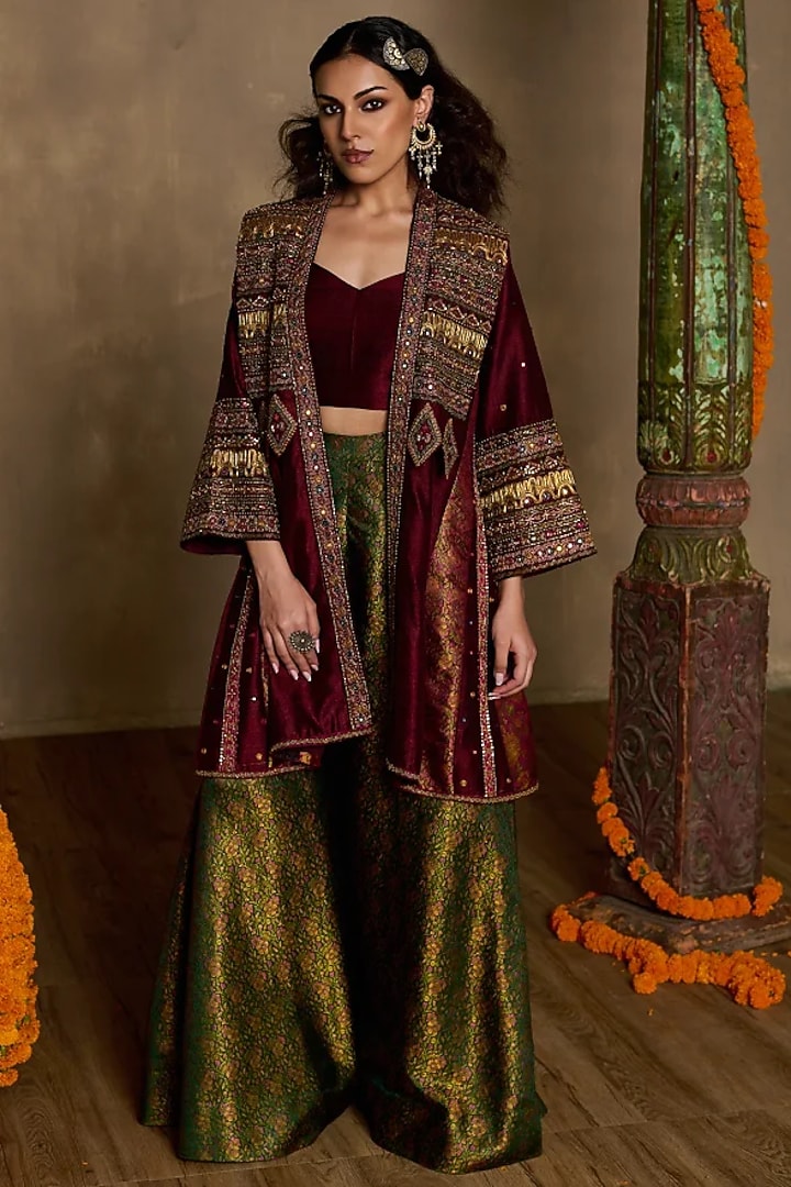 Green Khadi Silk Flared Pant Set by Reeti Arneja at Pernia's Pop Up Shop