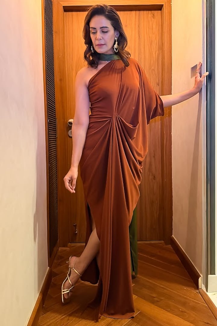 Rust Moss Crepe & Satin Gown by NA-KA at Pernia's Pop Up Shop