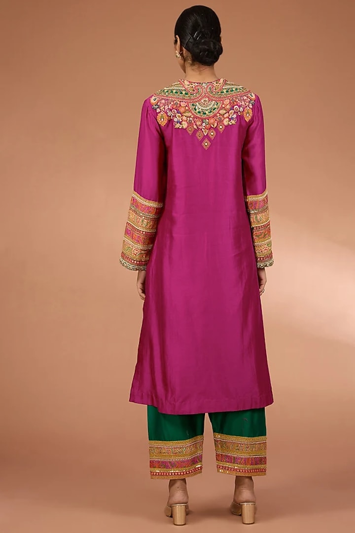 Pink Chanderi Geometric Patchwork Kurta Set by Petticoat Lane at Pernia's Pop Up Shop