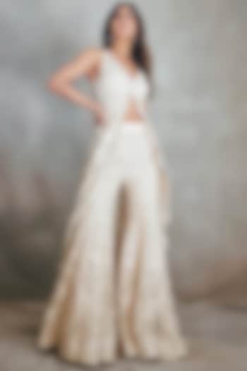 Ivory & Gold Crepe Crystal Embroidered Jacket Set by Ritika Mirchandani at Pernia's Pop Up Shop