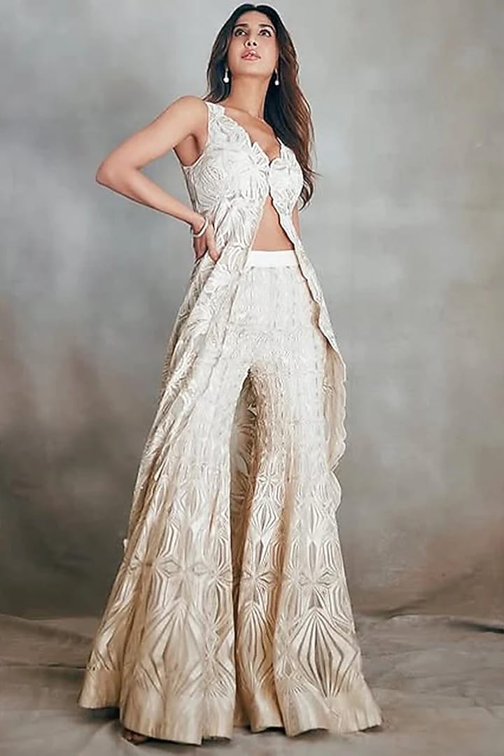 Ivory & Gold Crepe Crystal Embroidered Jacket Set by Ritika Mirchandani at Pernia's Pop Up Shop