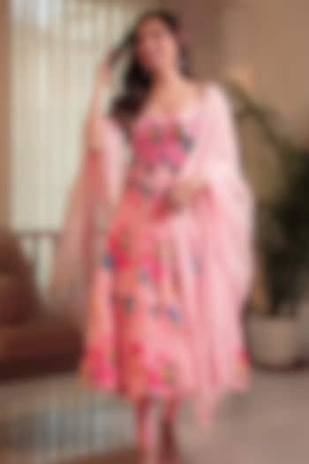 Blush Pink Pure Crepe Floral Embroidered Wedding Anarkali Set by Krishna Padia at Pernia's Pop Up Shop