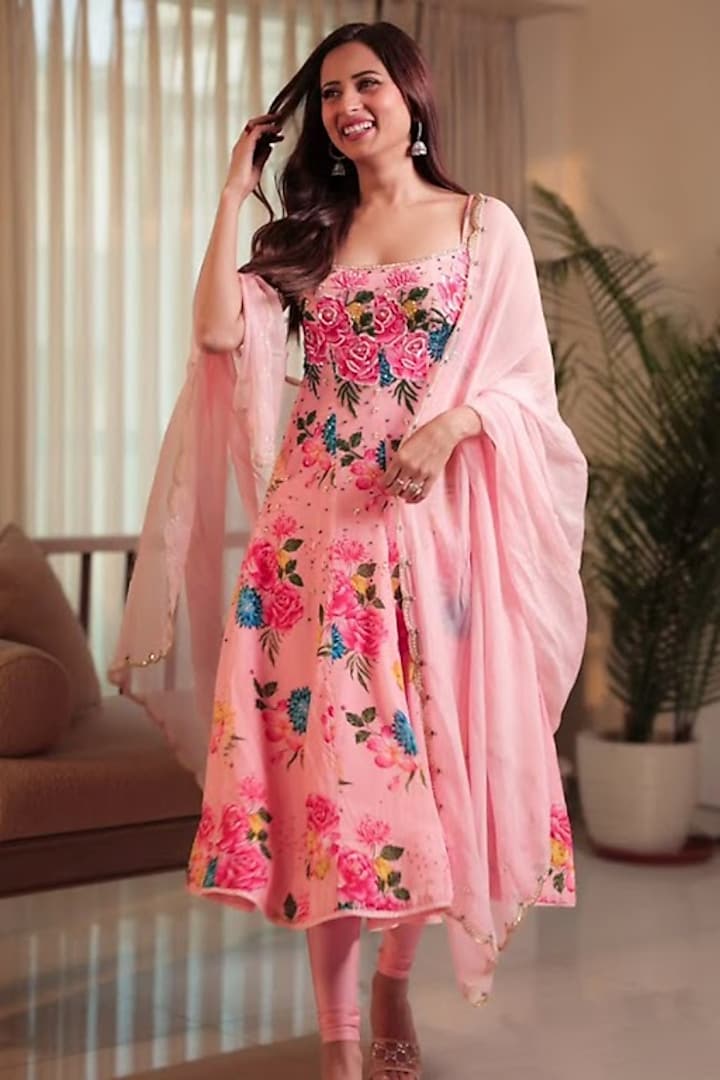 Blush Pink Pure Crepe Floral Embroidered Wedding Anarkali Set by Krishna Padia at Pernia's Pop Up Shop