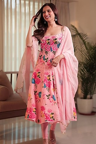 Blush Pink Pure Crepe Floral Embroidered Anarkali Set by Krishna Padia