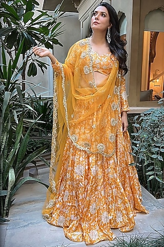 Kesari Yellow Organza Embroidered Lehenga Set by Paulmi & Harsh