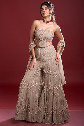 Champagne Net Sharara Set by Charu & Vasundhara