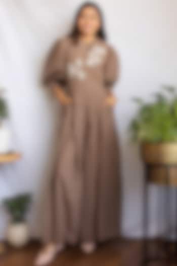 Brown Embroidered Pleated Jumpsuit by House Of Fett