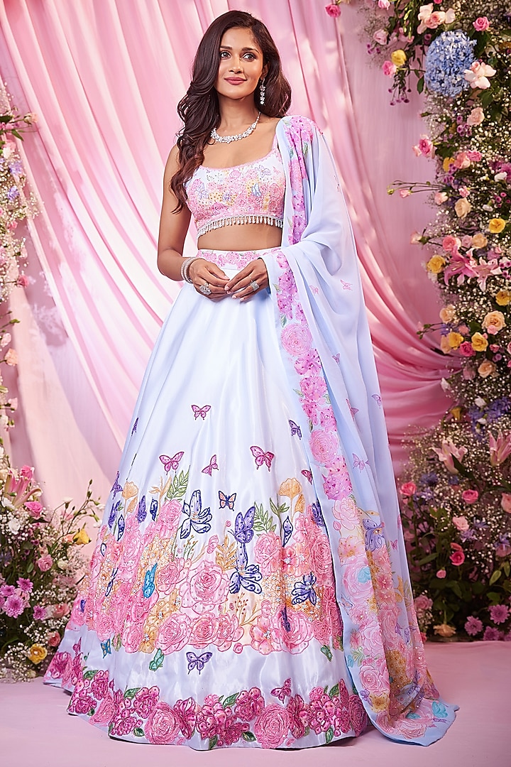 Sky Blue Satin Floral Printed & Embroidered Bridal Lehenga Set by LABEL PRIYANKA KAR at Pernia's Pop Up Shop