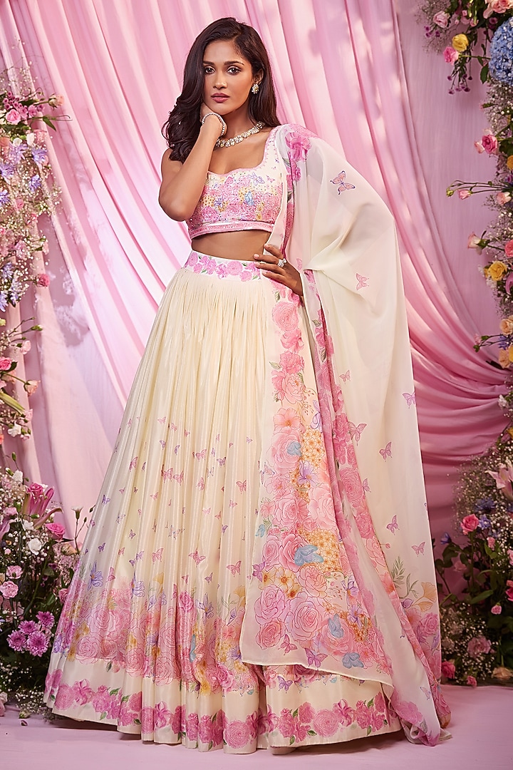 Lemon Yellow Chinon Floral Printed & Embroidered Wedding Lehenga Set by LABEL PRIYANKA KAR at Pernia's Pop Up Shop