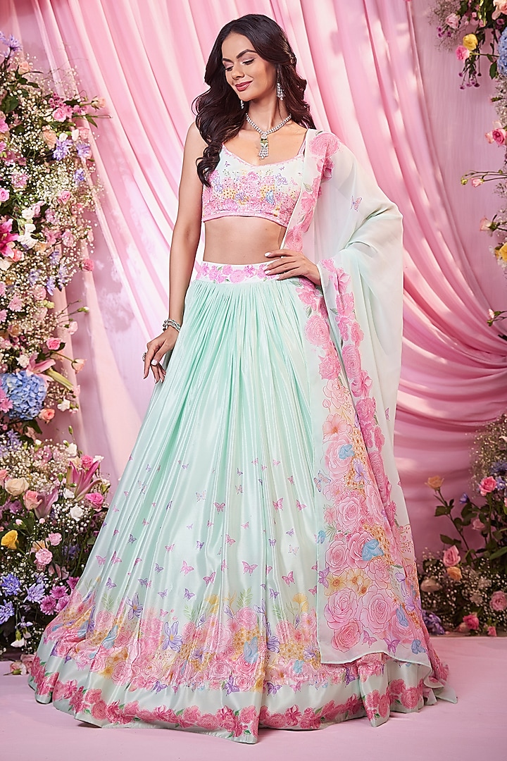 Sea Green Chinon Floral Printed & Embroidered Wedding Lehenga Set by LABEL PRIYANKA KAR at Pernia's Pop Up Shop