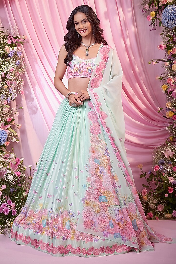 Sea Green Chinon Floral Printed & Embroidered Wedding Lehenga Set by LABEL PRIYANKA KAR at Pernia's Pop Up Shop