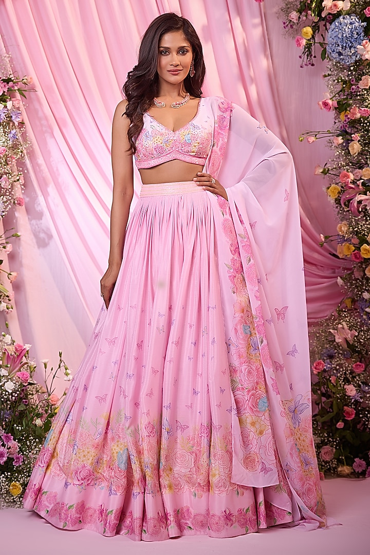 Blush Pink Chinon Floral Printed & Embroidered Wedding Lehenga Set by LABEL PRIYANKA KAR at Pernia's Pop Up Shop
