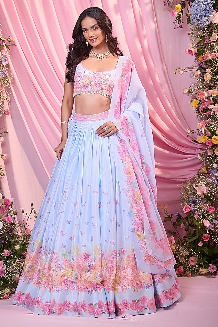 Powder Blue Chinon Floral Printed & Embroidered Wedding Lehenga Set by LABEL PRIYANKA KAR at Pernia's Pop Up Shop