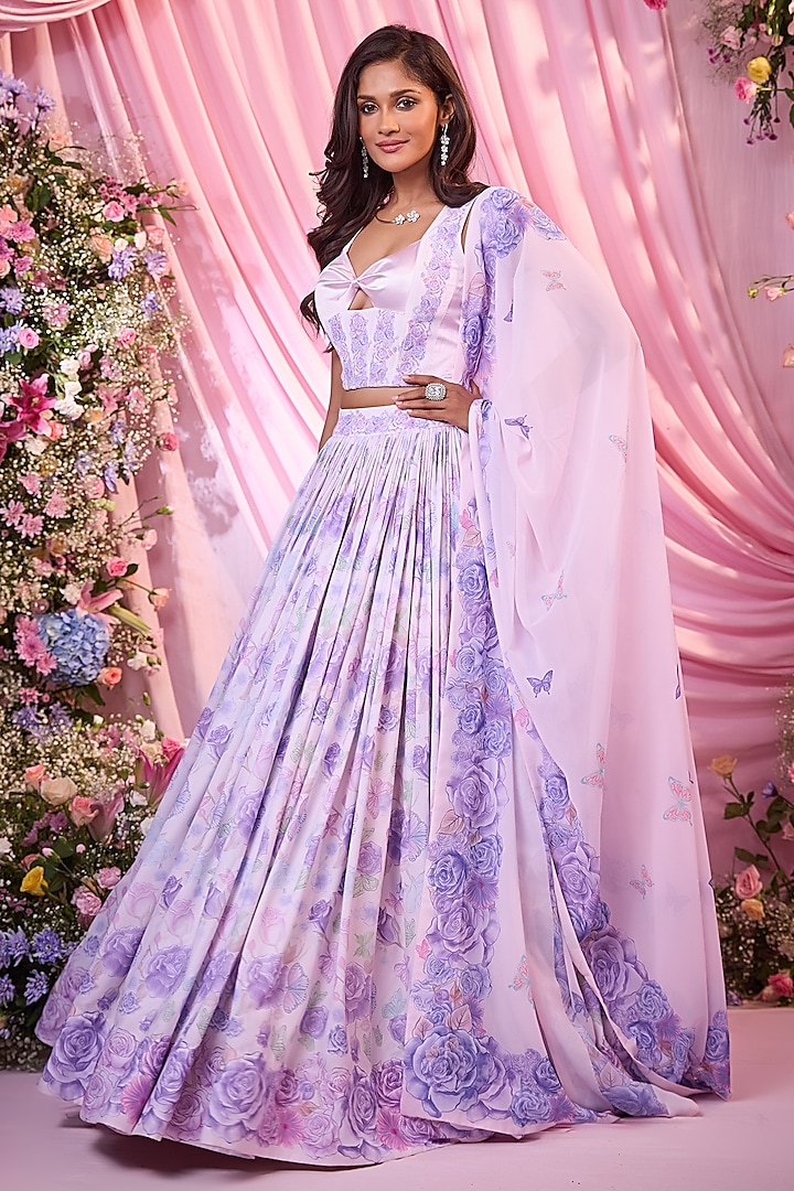 Ivory & Lavender Double Georgette Floral Printed Wedding Lehenga Set by LABEL PRIYANKA KAR at Pernia's Pop Up Shop