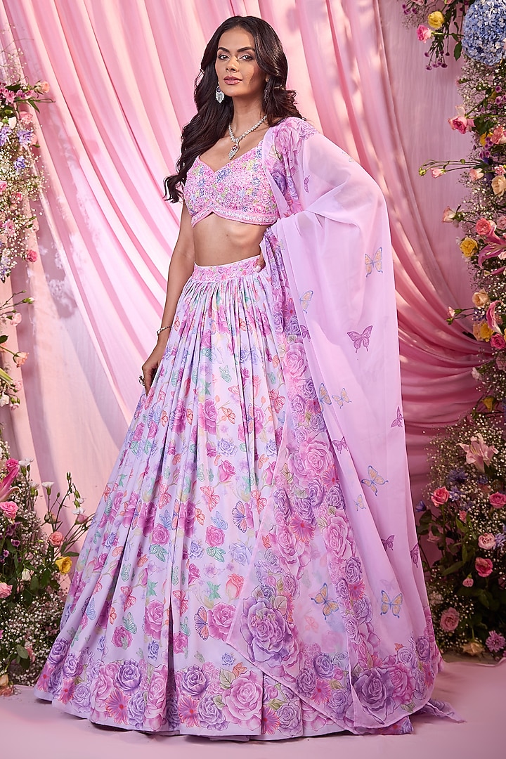 Pink & Purple Double Georgette Floral Printed Wedding Lehenga Set by LABEL PRIYANKA KAR at Pernia's Pop Up Shop