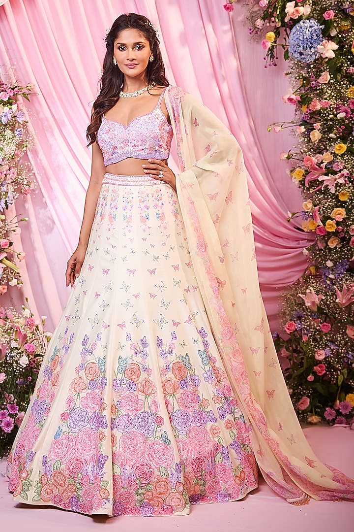 Yellow Satin Floral Printed & Embroidered Wedding Lehenga Set by LABEL PRIYANKA KAR at Pernia's Pop Up Shop