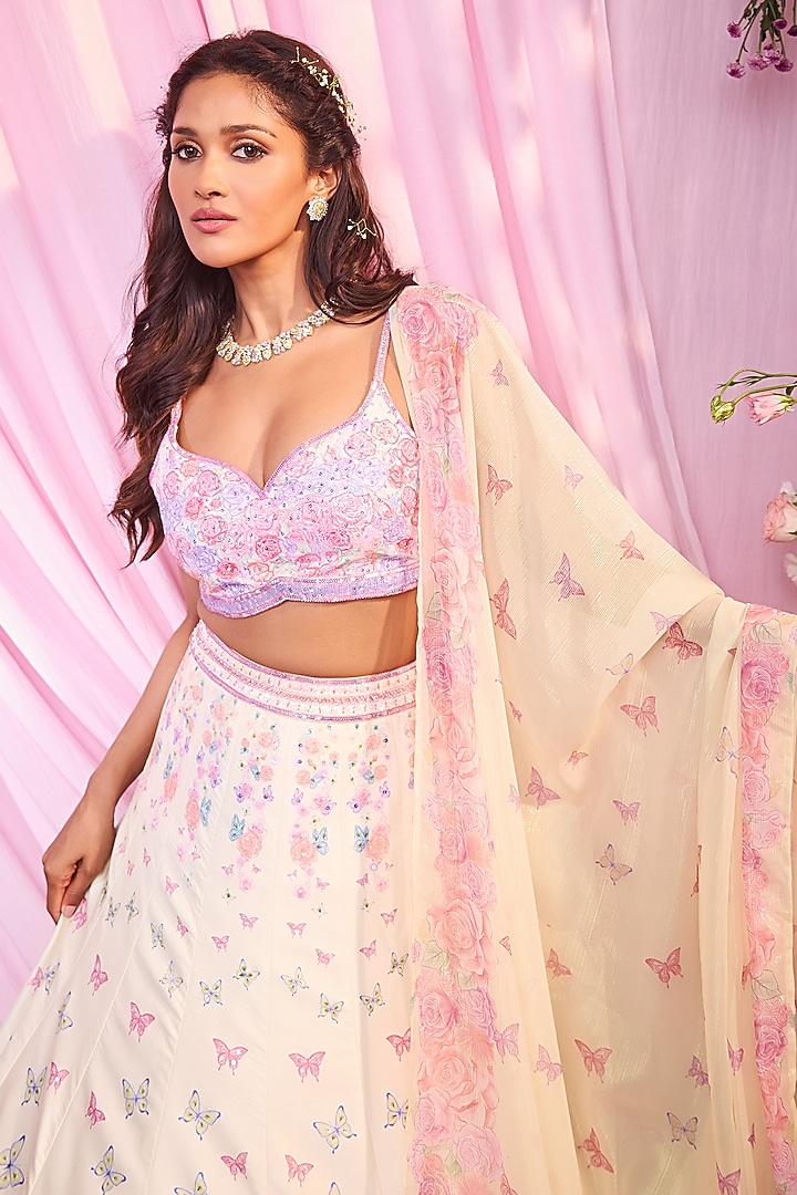 Yellow Satin Floral Printed & Embroidered Wedding Lehenga Set by LABEL PRIYANKA KAR at Pernia's Pop Up Shop