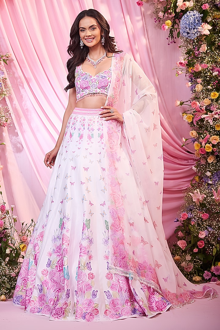 White & Pink Satin Floral Printed Wedding Lehenga Set by LABEL PRIYANKA KAR at Pernia's Pop Up Shop