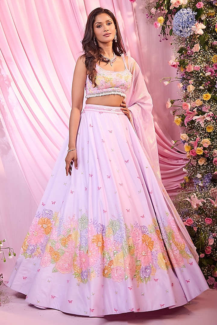 Lavender Satin Floral Printed & Embroidered Bridal Lehenga Set by LABEL PRIYANKA KAR at Pernia's Pop Up Shop