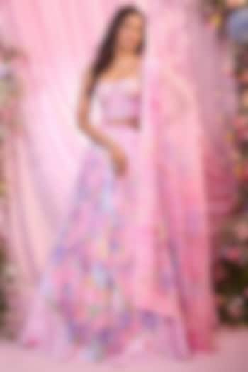 Pink Satin Floral Printed & Embroidered Bridal lehenga for 22 Lehenga Set by LABEL PRIYANKA KAR at Pernia's Pop Up Shop