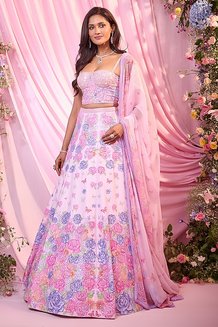 Pink Dull Satin Floral Printed & Embroidered Bridal Lehenga Set by LABEL PRIYANKA KAR at Pernia's Pop Up Shop