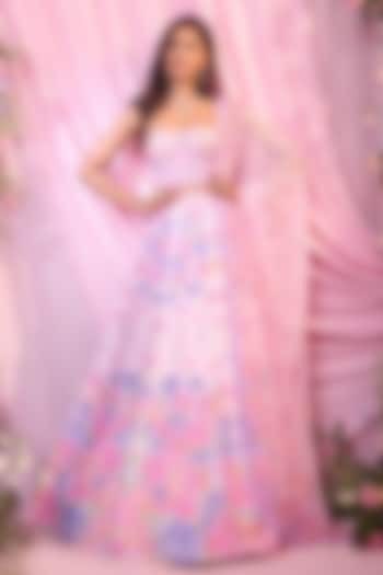 Pink Dull Satin Floral Printed & Embroidered Bridal lehenga for 22 Lehenga Set by LABEL PRIYANKA KAR at Pernia's Pop Up Shop