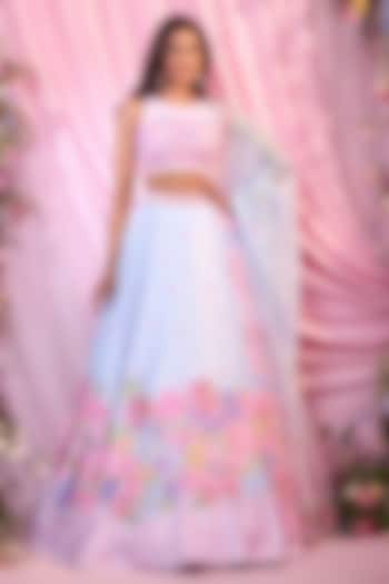 Ice Blue & Pink Dull Satin Floral Printed Bridal lehenga for 22 Lehenga Set by LABEL PRIYANKA KAR at Pernia's Pop Up Shop