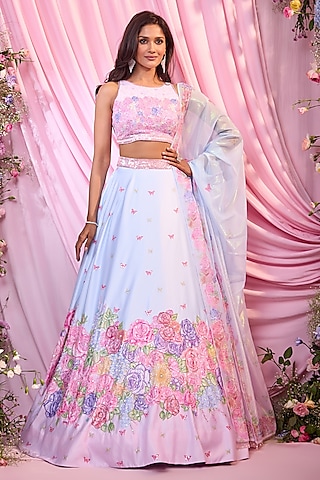 Ice Blue & Pink Dull Satin Floral Printed Lehenga Set by LABEL PRIYANKA KAR
