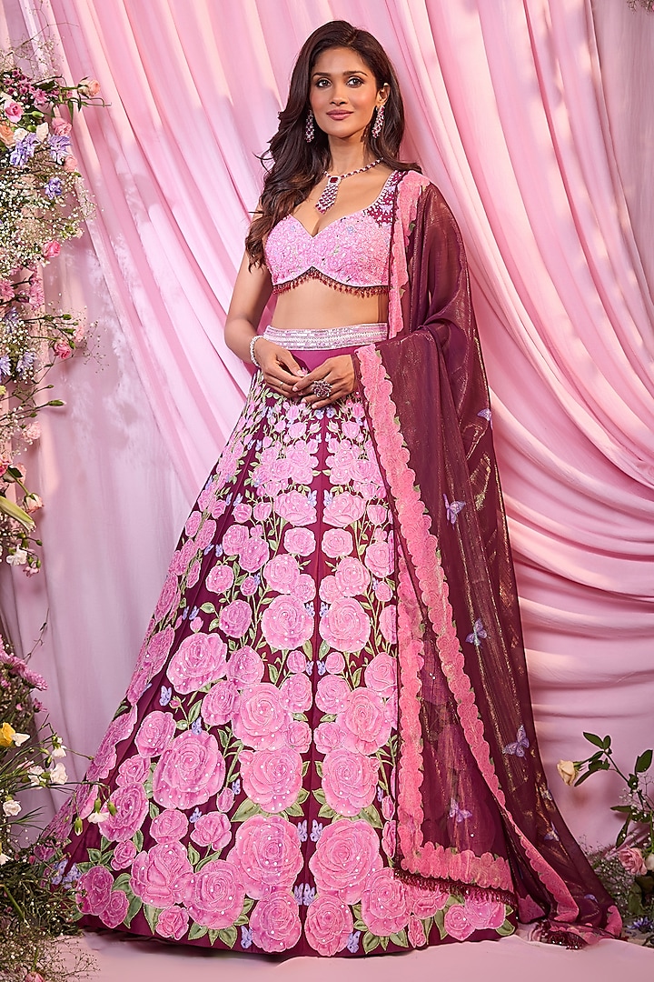 Pink & Maroon Dull Satin Floral Printed Bridal Lehenga Set by LABEL PRIYANKA KAR at Pernia's Pop Up Shop