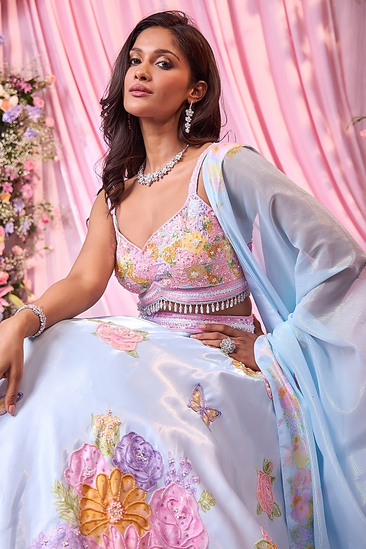 Ice Blue Satin Floral Printed & Embroidered Bridal Lehenga Set by LABEL PRIYANKA KAR at Pernia's Pop Up Shop
