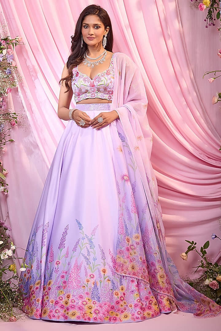 Purple Dull Satin Floral Printed & Embroidered Wedding Lehenga Set by LABEL PRIYANKA KAR at Pernia's Pop Up Shop