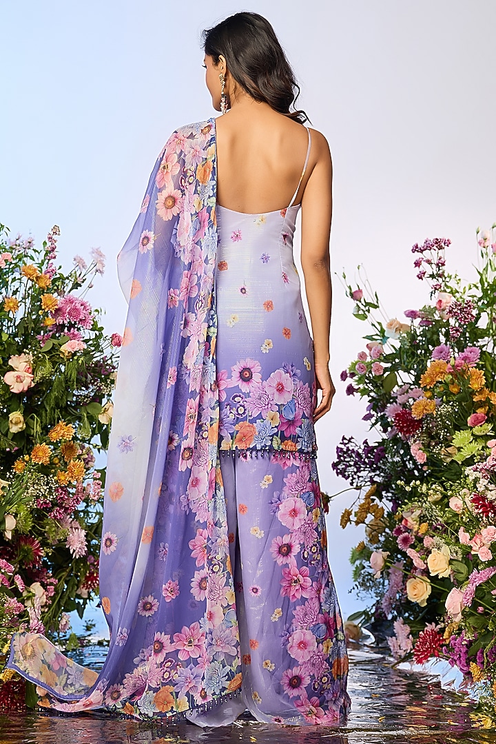 Lilac Blue Zari Floral Printed Party Wear Sharara Set by LABEL PRIYANKA KAR at Pernia's Pop Up Shop