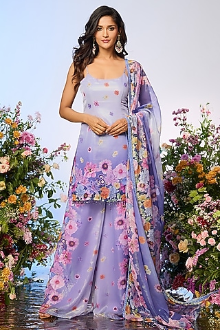 Lilac Blue Zari Floral Printed Sharara Set by LABEL PRIYANKA KAR