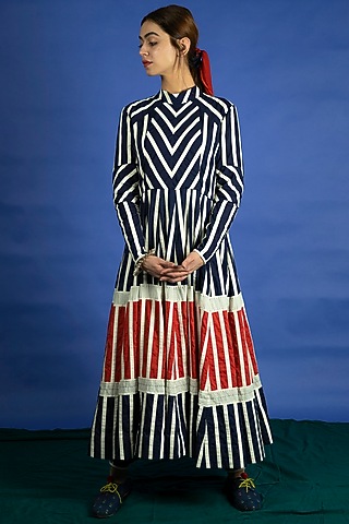 Navy Blue Appliques Dress With Pants by Ka-Sha