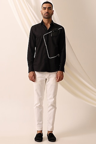 Black Cotton Satin Shirt by SEVENDC MEN